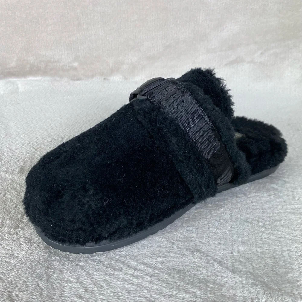 UGG Fluff It Mens Slipper Mule Size 9 Black Sheepskin Slip On Adjustable - Picture 4 of 11